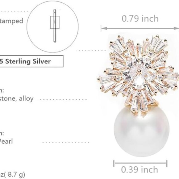 Women's Snowflake Earrings Pearl Studs Gold Alloy Wedding Party Jewelry - Picture 2 of 7